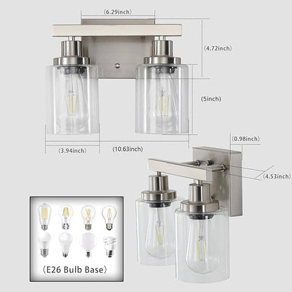 Bathroom Vanity Light, 2-Light Nickel Modern Matte Wall Sconce Lighting with Clear Glass Shade, Wall Lights,Bath Vintage Wall Mounted Lamps for Mirror Bedroom Living Room