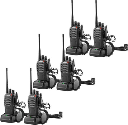 BAOFENG Walkie Talkies - Long Range 16 Channel Two Way Radios with Earpieces | Rechargeable Handheld 6 Pack