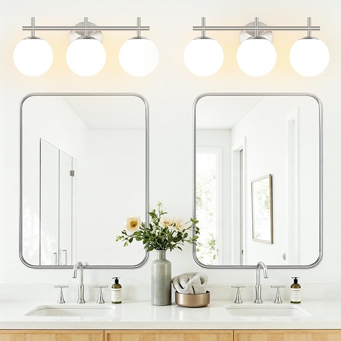 3-Light Bathroom Light Fixtures, Brushed Nickel Vanity Lights for Bathroom with Milky White Ball Shades, 18.9 inch Bathroom Lighting Fixtures Over Mirror, Wall Sconce for Bedroom (Exclude G9 Bulb)