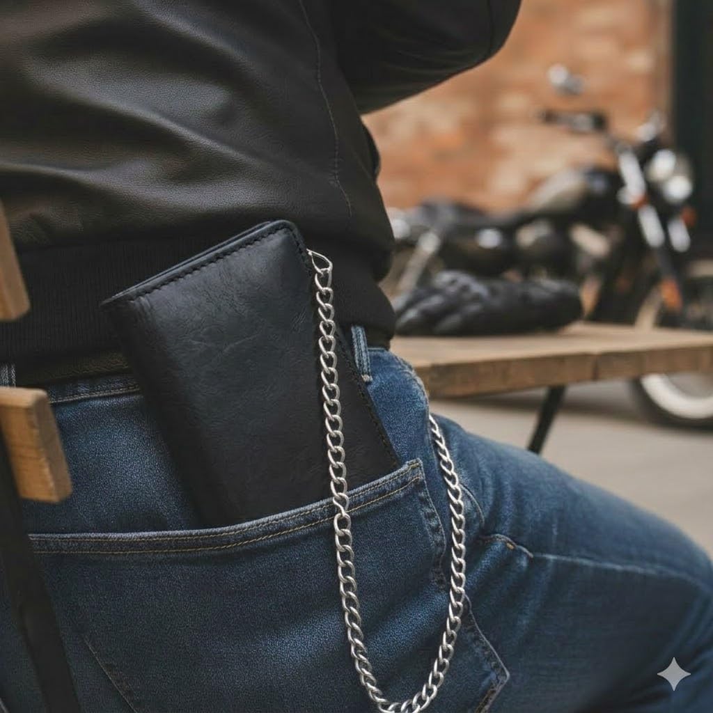 CLASSIC Motorcycle Chain Wallet for Men – Premium Cowhide Leather, RFID Bi-Fold Biker Wallet with Heavy Duty Chain for Bikers Truckers & Hunters, Credit Card Money Organizer Long Wallet Aniline Black