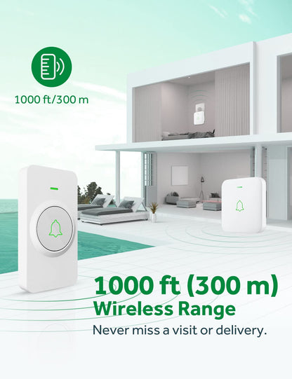 AVANTEK Wireless Door Bell, Mini CB-11 Waterproof Doorbell Chime Operating at 1000 Feet with 52 Melodies, 5 Volume Levels & LED Flash