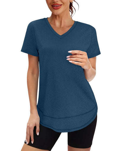 Oversized Tshirts for Women Dry Fit Plus Size Spring Clothes Summer Athletic Tops Workout Shirts V Neck Navy Blue 3XL