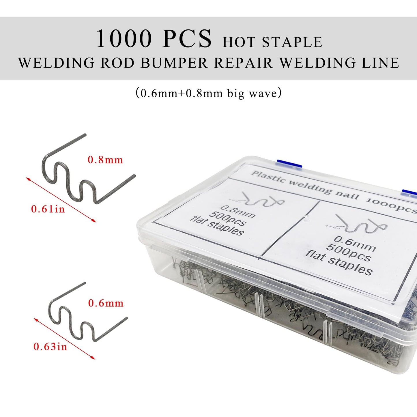Gasedin 1000 PCS Hot Staples Bumper Welding Rods, 0.6mm 0.8mm Bumper Repairing Plastic Welding Kit, Metal Wave Shape Hot Staple Welding Wire for Machine Repair, Car Accessories