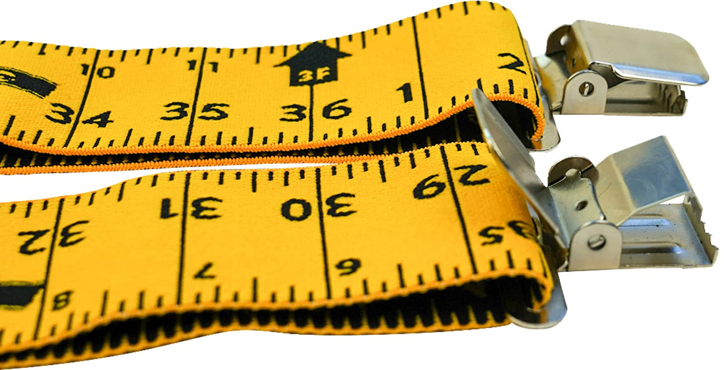 KUNN Men Suspender Tape Measure Pattern 2 inch Suspender Fully Strength Elastic with Heavy Duty Clip,Yellow Color