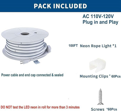 FORT LED Neon Rope Lights White 100FT 30M Flexible AC 110V 120V LED Strip Lights Outdoor Waterproof Plug-Play Neon Strip Lighting Dot Free Connectable Home Commercial Decor Neon Sign ETL FCC