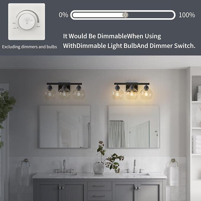 Bathroom Light Fixtures, 3-Light Matte Black Vanity Light with Hand-Blown Thick Glass Shades, Premium Clarity & Shatter-Resistant, Wall Sconces for Mirror, Kitchen, Bedroom