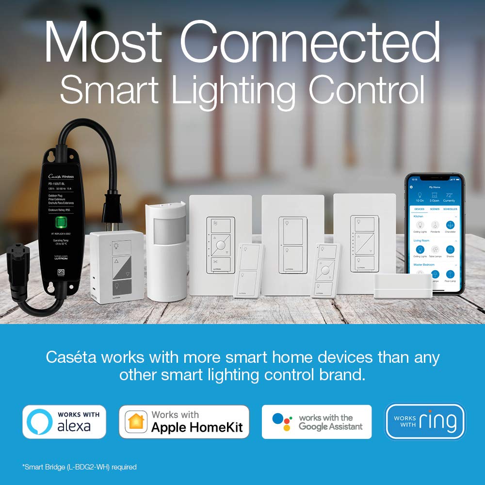 Lutron Caseta Smart Switch 3-Way Kit, with Pico Remote, Wallplate, Wall Bracket for LED Lights and Fans, 5 Amp, Neutral Required, P-PKG1WS-WH
