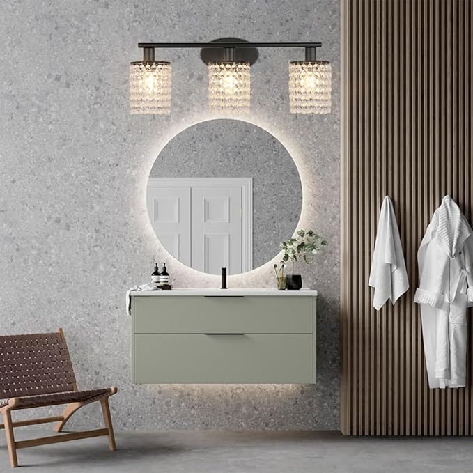 TISLYCO Black Bathroom Light Fixture, 3 Light Bathroom Vanity Light, Bathroom Light Fixtures Over Mirror, Crystal Drop Wall Mounted Lamp for Living Room Bedroom