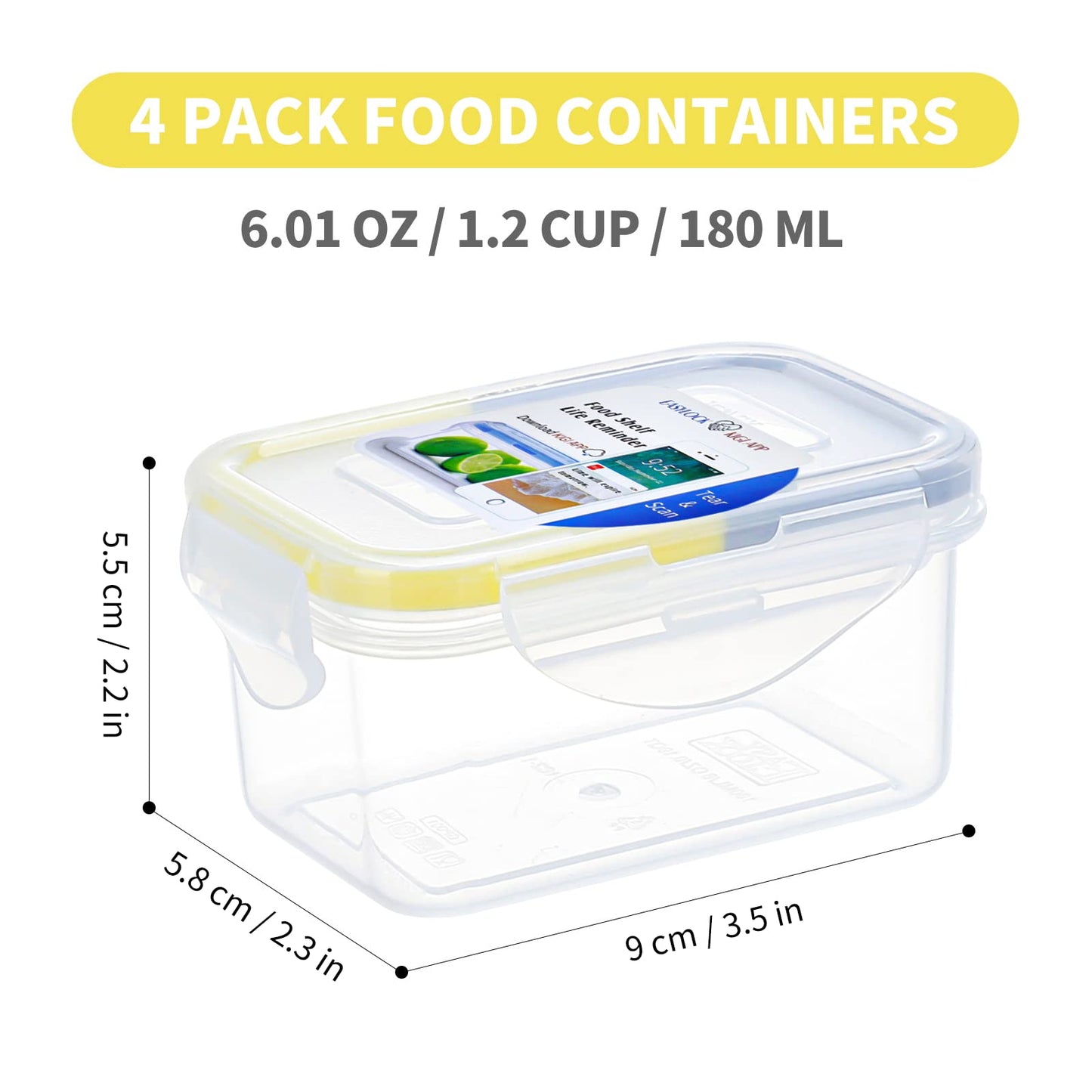 KIGI 4 PACK 6OZ Small Plastic Food Storage Container Set Portion Control Mini Bento Box Leaf-proof To-go Container with Lids
