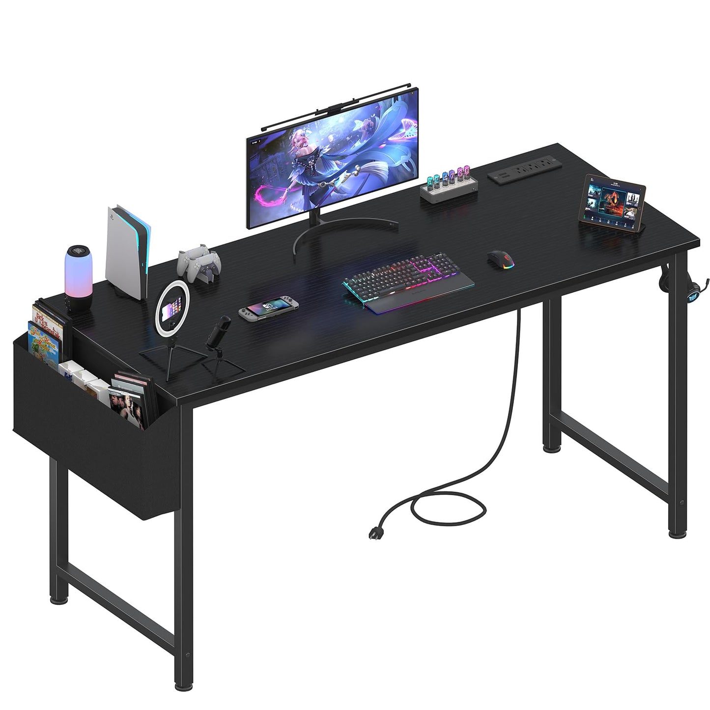 Lufeiya Gaming Desk with Power Outlet, 55 inch Teen Study Table Home Office Work Writing Computer Desks with Charging Station Outlets Built in, Black