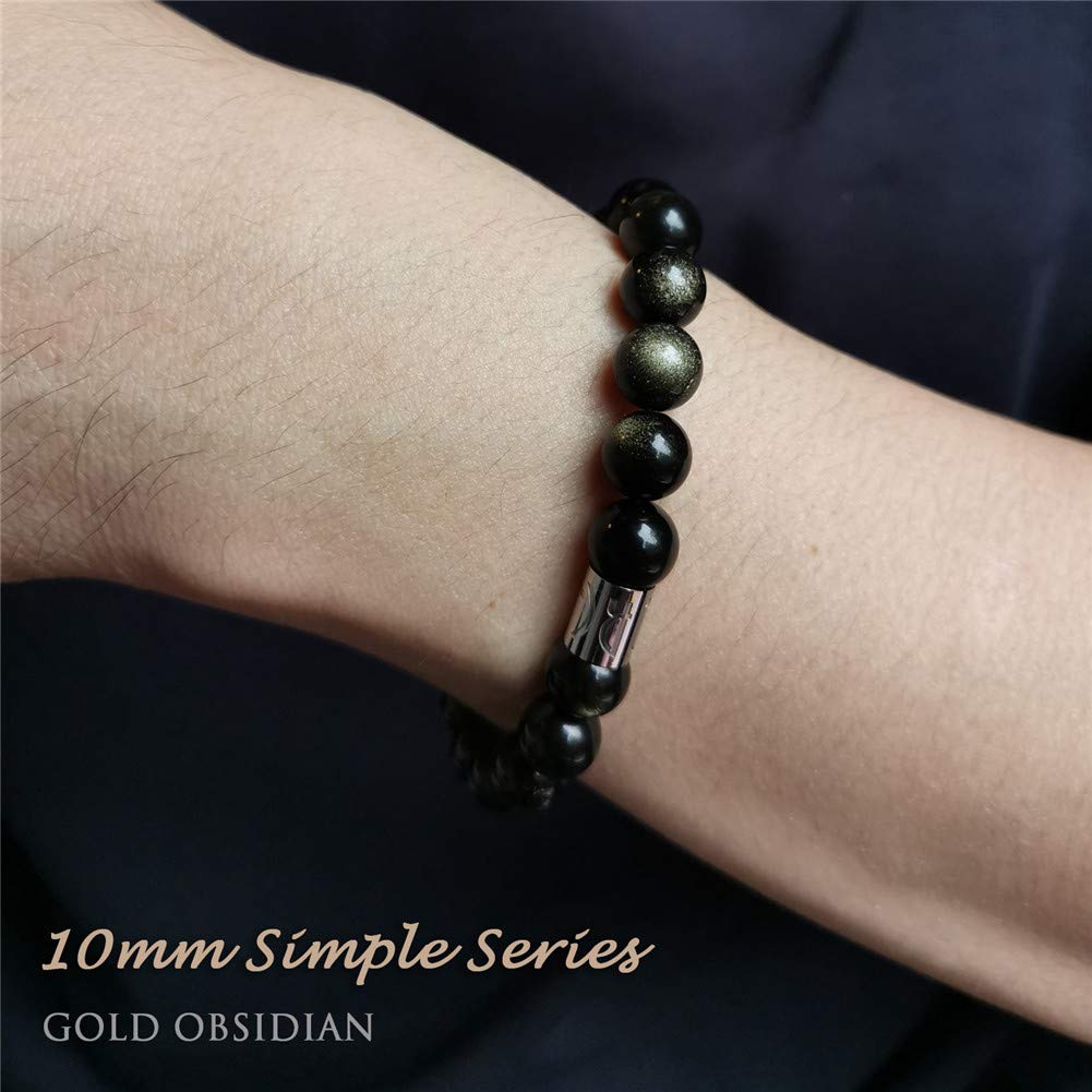 Morchic Gold Obsidian Stone Stretch Bracelet for Womens Mens, Genuine Semi Precious Gemstone 10mm Beads Classic Style Birthday Gift 8 Inches