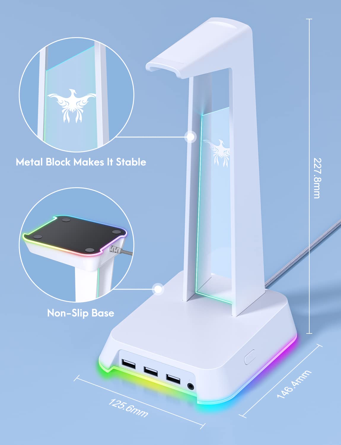 PHNIXGAM RGB Headphone Stand with 3.5mm AUX and 3 Port USB 2.0 Hub, Universal Gaming Headset Hanger Holder for Computer Gaming Gamer Accessories (White)