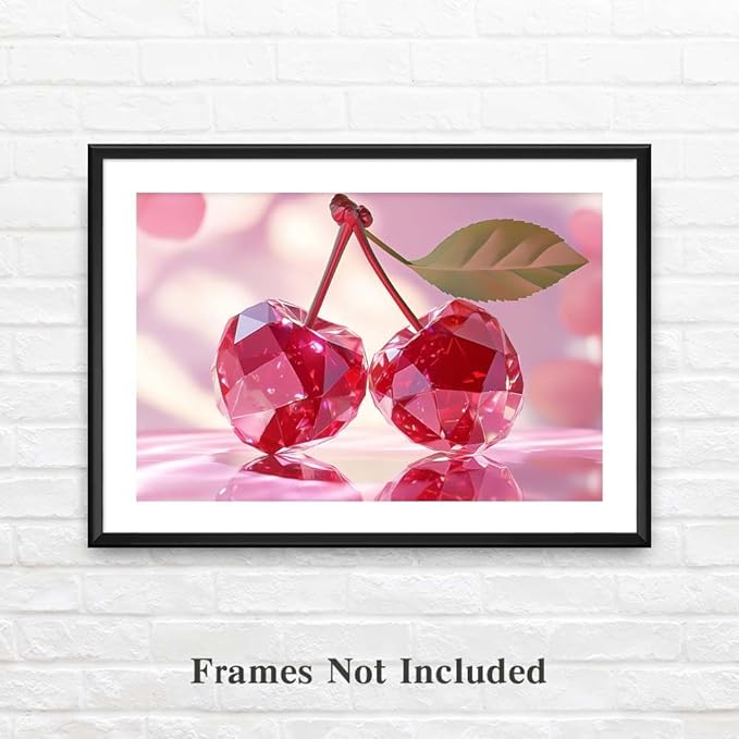 Yesad Cherries Art Print, Kitchen Wall Art Pictures Poster Pink Wall Décor for Dorm Living Room Bedroom Cabin Kitchen Wall Décor Fruits Wall Art (Unframed,30”x20”, Cherry)