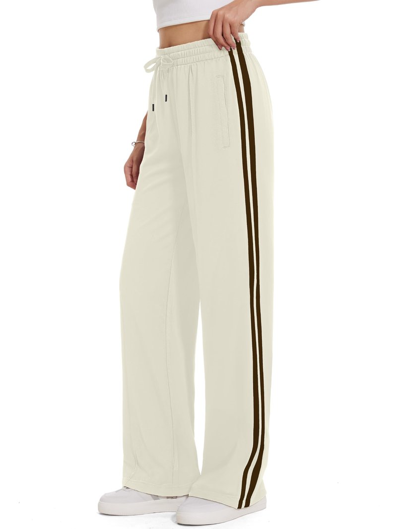 Tapata Regular Women's 30" Inseam Casual Pants Track Athletic Sweatpants Warm Up Loose Side Stripe Street Slacks, Beige, S