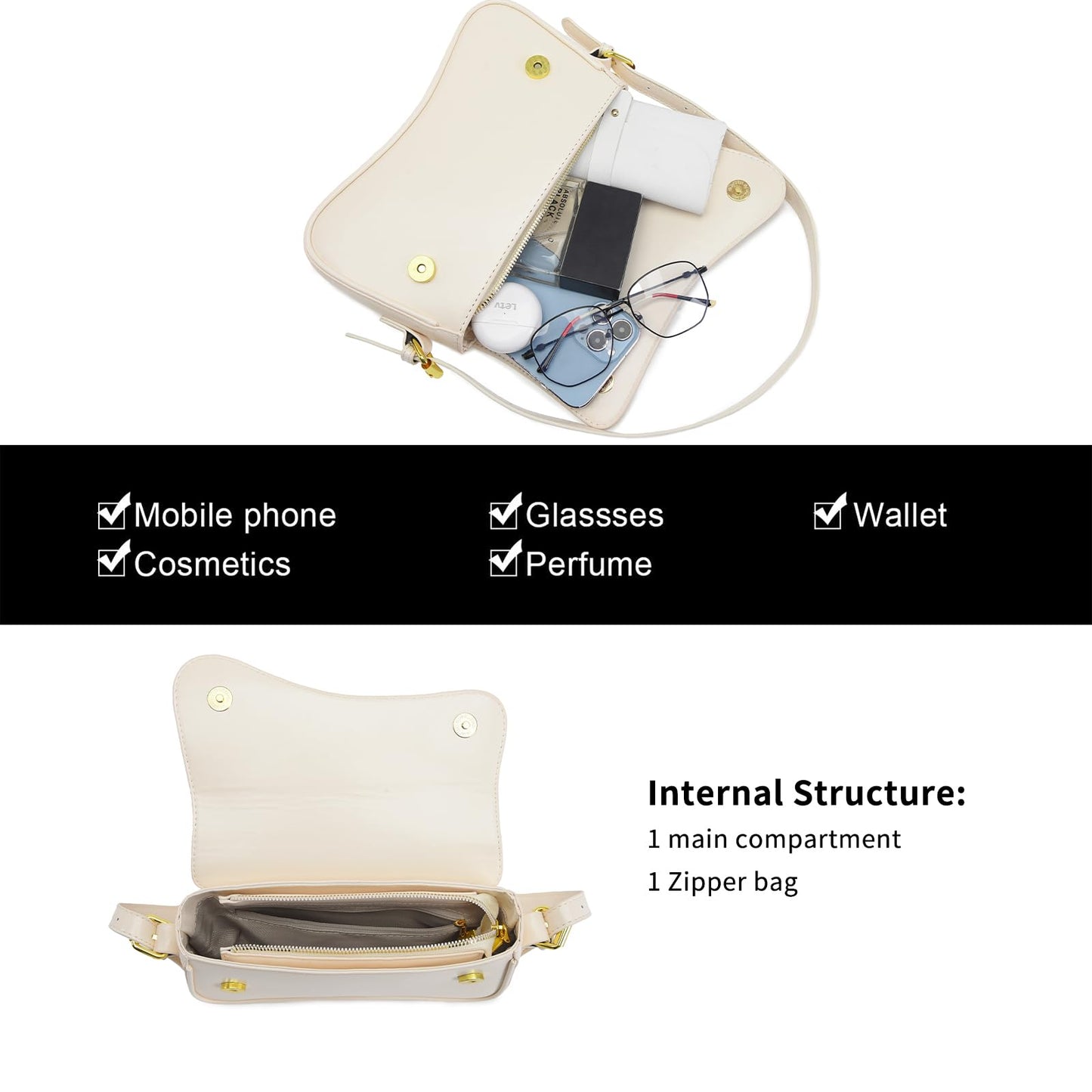 Shoulder Bag for women Clutch Purse Handbag PU Leather Tote Bag with 2 Removable Straps and Zipper Closure Crossbody Bags (A-White)