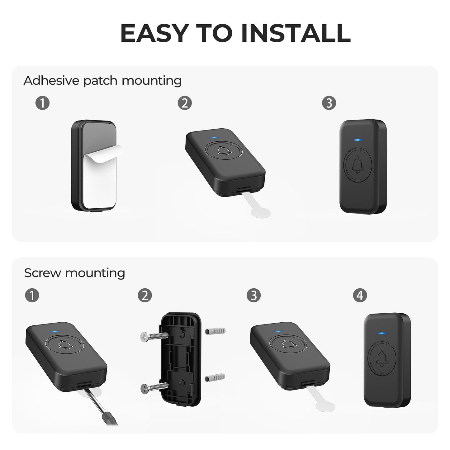 Wireless Doorbell, Waterproof Door Bell with 60 Chimes, 5 Levels Volume and LED Flash, 1000ft Long Range Classroom Doorbell for Home Office Hospital (2 Receiver & 1 Button, Black)