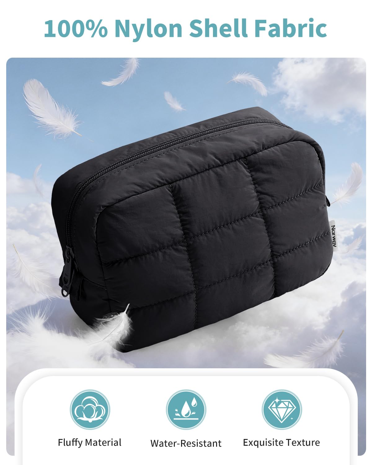 Narwey Puffer Makeup Bag for Women Girl, Quilted Travel Cosmetic Bag Puffy Make Up Bag Organizer, Cute Travel Toiletry Bag for Toiletries (Black)