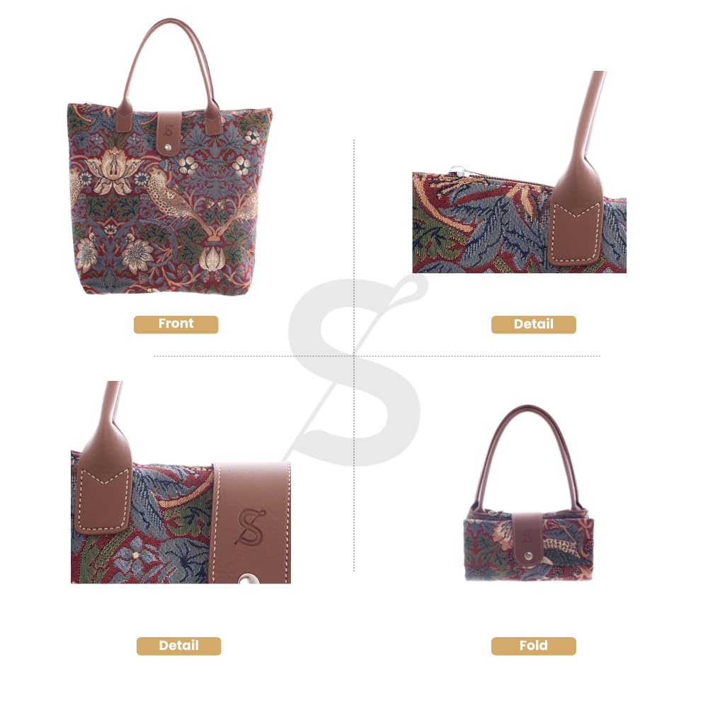 Signare Tapestry Foldable Tote Bag Reusable Shopping Bag Grocery Bag With William Morris Red Strawberry Thief Design (FDAW-STRD)