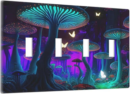 Fantasy Mushroom Forest Glowing Butterfly Quad Gang Toggle Light Switch Cover 4-Gang Wall Plates Decorative Electrical Switchplate for Home Bedroom Art Decorate