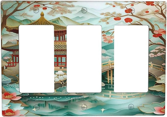 Asian Palace Traditional Bridge Cherry Blossoms 3 Gang Rocker Triple Outlet Wall Plate Decorative Switchplate Cover Faceplate GFCI Light Switch Covers for Farmhouse Living Decor