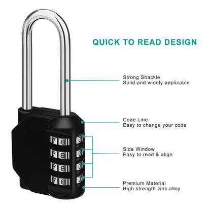 ZHEGE Long Shackle Padlock, 4 Digit Combination Lock, Resettable Weatherproof Combo Lock for School, Gym, Employee Locker, Outdoor, Fence (Black, 2 Pack)
