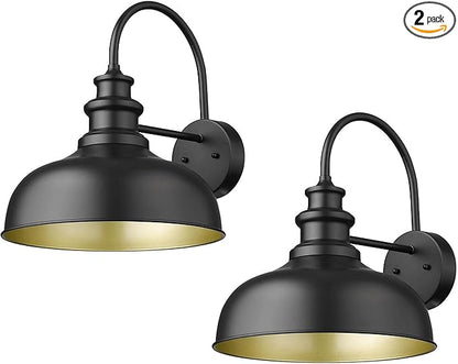 Bestshared Gooseneck Barn Light 14 Inch Dome Farmhouse Outdoor Wall Sconce,Exterior Wall Mount Lighting Fixture Outdoor Lantern Lamp for Front Door, Entryway,Patio,Garage (Black+ Gold, 14” Dome-2Pack)