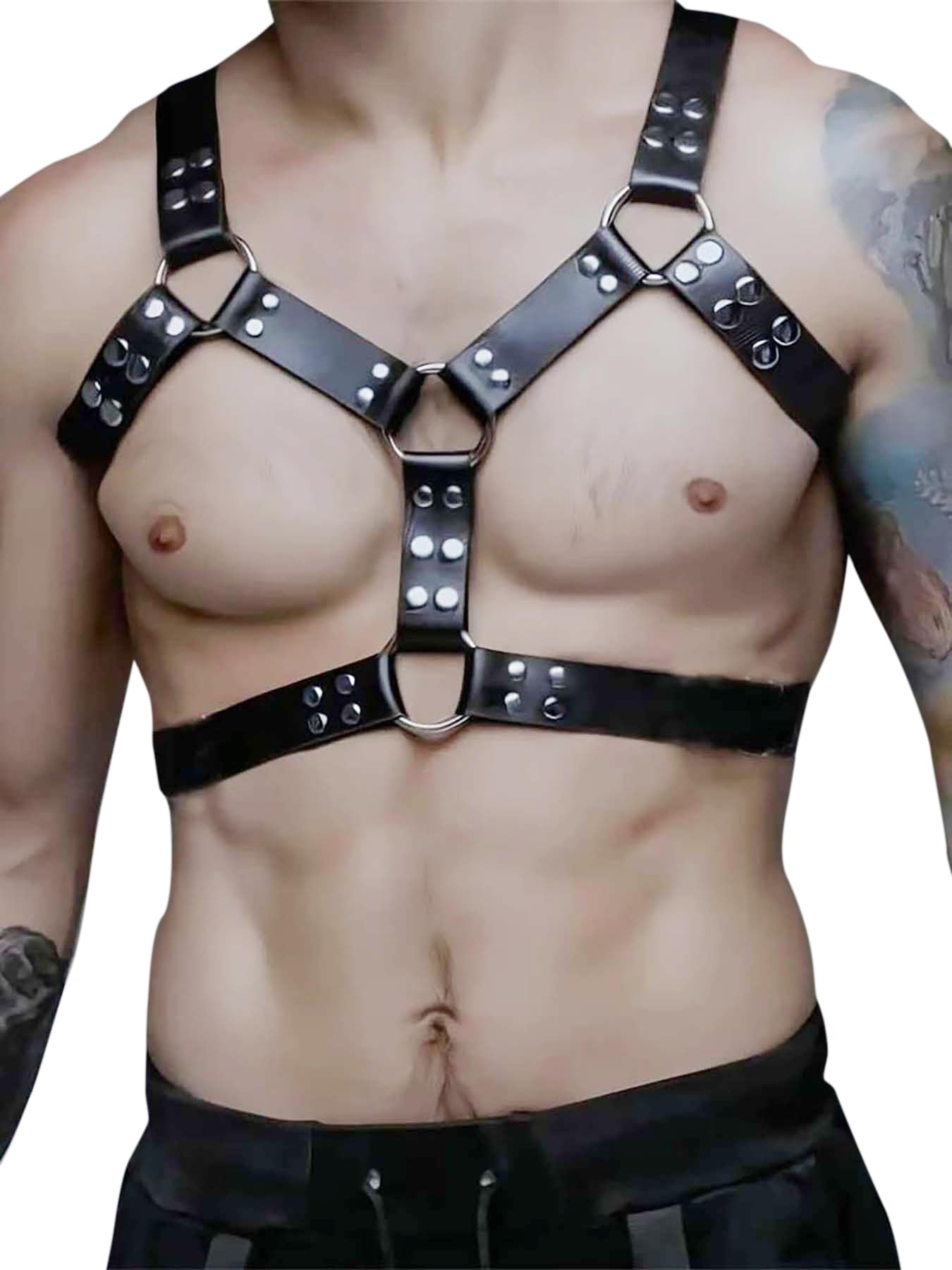 Men’s Adjustable Faux Leather Chest Harness with Metal O-Rings, Punk Rock Body Strap for Festival, Rave, Clubwear, Costume and Fashion Styling Outfits(Fit Bust 40.2-47.2in)