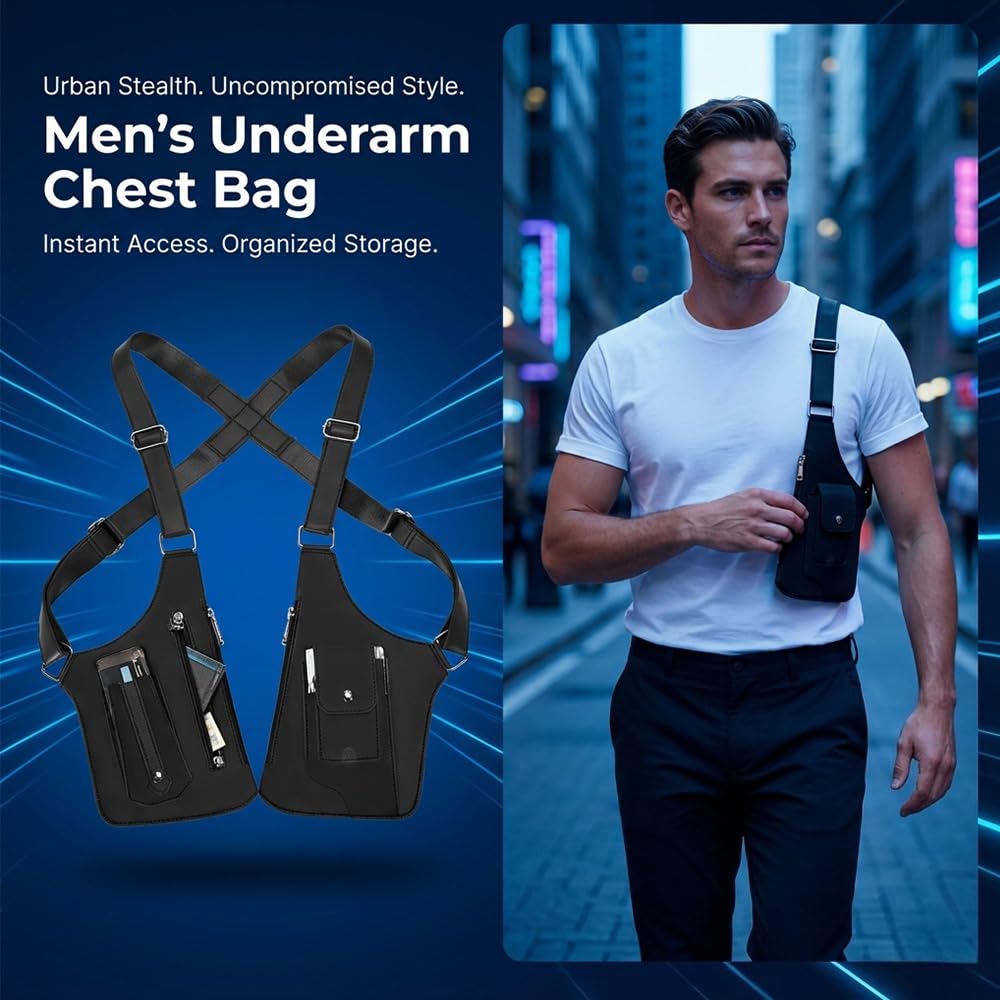 Unisex Premium Leather Shoulder Bag, Adjustable Anti Pickpockets Accessories & Armor Hidden Underarm Strap Wallet (Black)