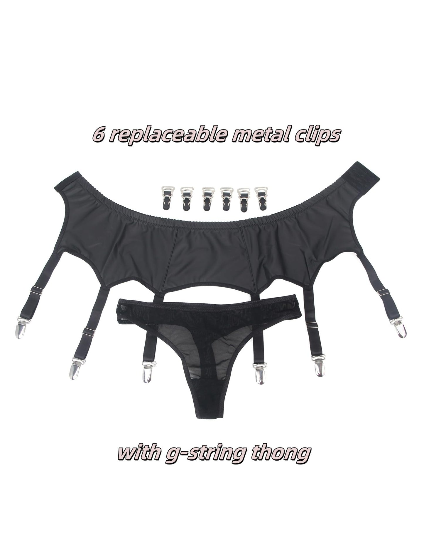 ohyeahlady Womens Faux Leather Garter Belt with 6 Strap Metal Clip Sexy Suspender Sets for Thigh Highs with G-String Thongs Black S