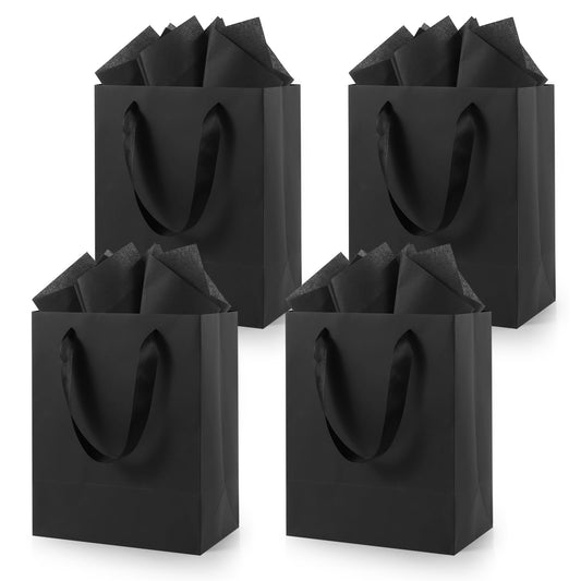 Epoesch Black Small Gift Bags with Handles and Tissue Paper, 8x5x10 Inch 4 Pack Paper Bags for Men, Women, Birthdays Party, Baby Showers, Weddings, Father's Day, Anniversaries, Holidays (Black small - 4Pcs)