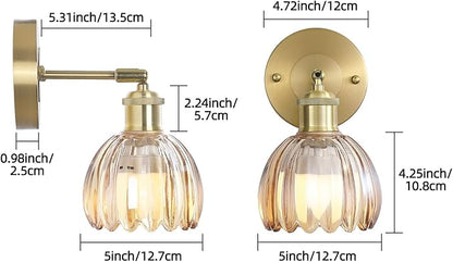 Vintage Battery Operated Wireless Wall Sconces, Rechargeable Gold Wall Lights，Amber Tulip Glass Lampshade With Remote Dimmable Wall Lighting Indoor, Led Wall Lamp Fixtures For Bedroom, Living Room