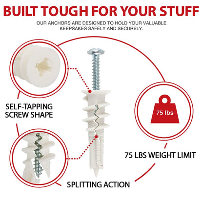 CrimsonMark 120Pcs #8 Self Drilling Drywall Anchors and Screws kit #8 x 1-1/4”- Superb Wall Anchors for Drywall, Holds Upto 75lbs – No Drill Hole Required with These Dry Wall Screws and Anchors