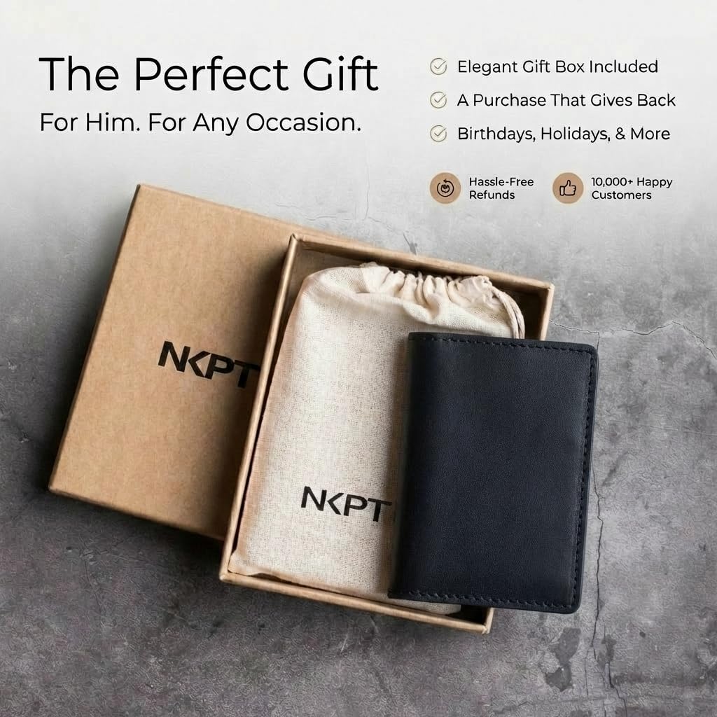 NKPT Slim Leather Credit Card Holder Wallet for Men | Full-Grain Leather, RFID Blocking, 6 Card Slots | Black