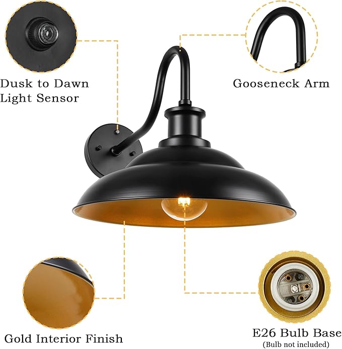 Dusk to Dawn Outdoor Gooseneck Barn Light Fixtures, 16 Inch Dome Large Wall Sconce Farmhouse Exterior Wall Mount Light for House Garage Patio Doorway, 2 Pack