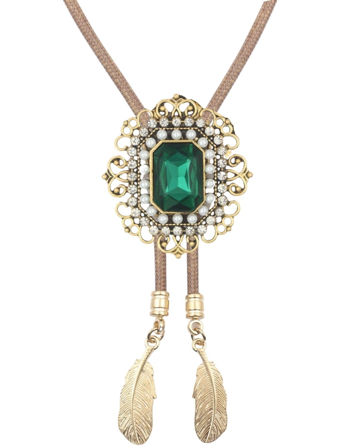 PEARLY JUN Bolo Tie for Men Women Rhinestone Emerald Gold Cowboy Brown Country Style Handmade Leather String Rodeo Festive Days Gifts
