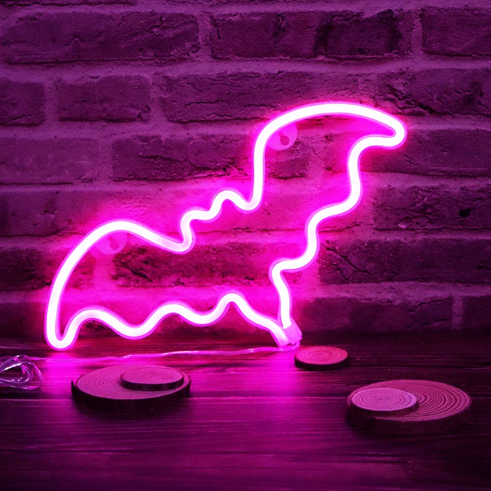 Vicila LED Neon Bat Lights Halloween Decor, Bat Shape Neon Signs Goth Night Lights Battery Operated Desk Table Lamp for Bedroom, Bar, Wall, Coffin Decor-Bat(Pink)