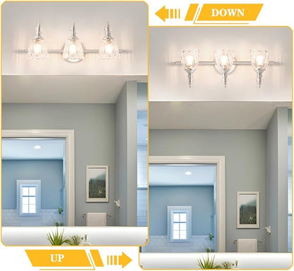Brushed Nickel Vanity Light, Antique Bathroom Vanity Light Over Mirror, 3 Light Lighting Fixture with Flower Glass Shade, Farmhouse Sconces Wall Lighting for Hallway Living Room Bedroom