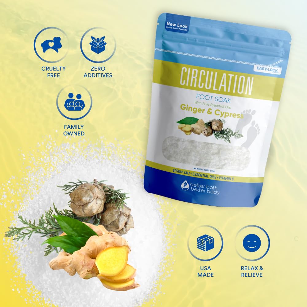 Circulation Foot Soak 32 Ounces (2 Lbs) Epsom Salt with Pure Essential Oils Ginger and Cypress Essential Oils Plus Vitamin C in BPA Free Pouch with Easy Press Lock Seal