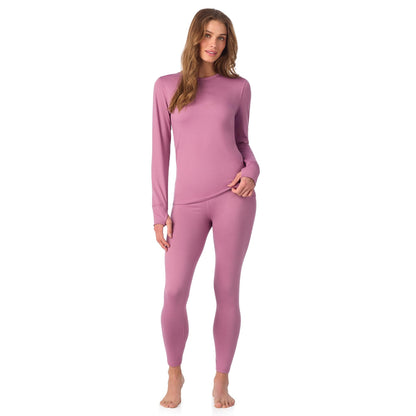 Cuddl Duds Womens Heavyweight Fleece 2 Piece Long Sleeve Thermal Underwear Set – Shirt & Leggings Base Layer for Cold Weather – Winter Clothing Long Johns Lounge Sets for Women, Mauve Pink, L