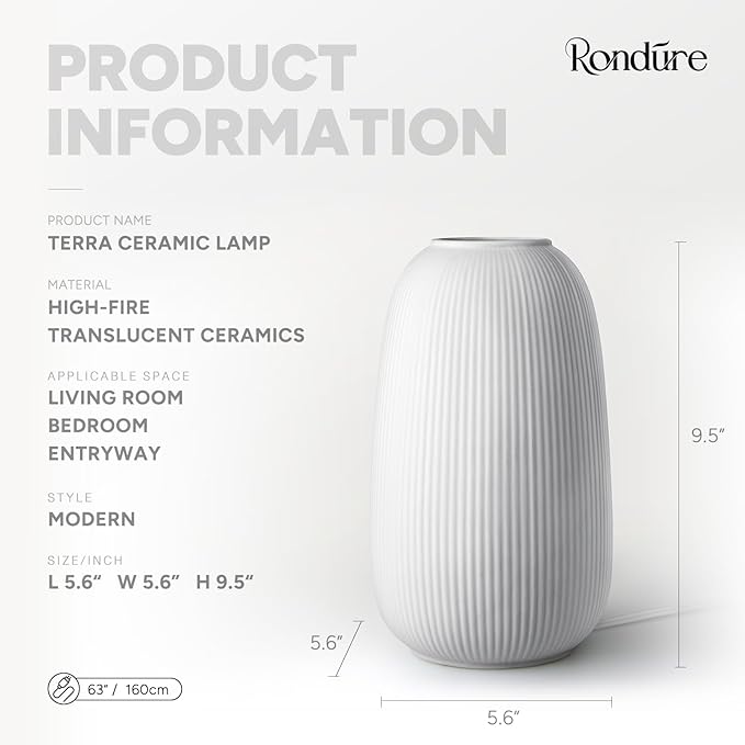 RONDURE 9.5" Modern Ceramic Table Lamp, Modern Bedside Lamps for Bedroom, Living Room and Nightstand, White Translucent Ceramic Shade, Warm Ambient Lighting, Home Decor