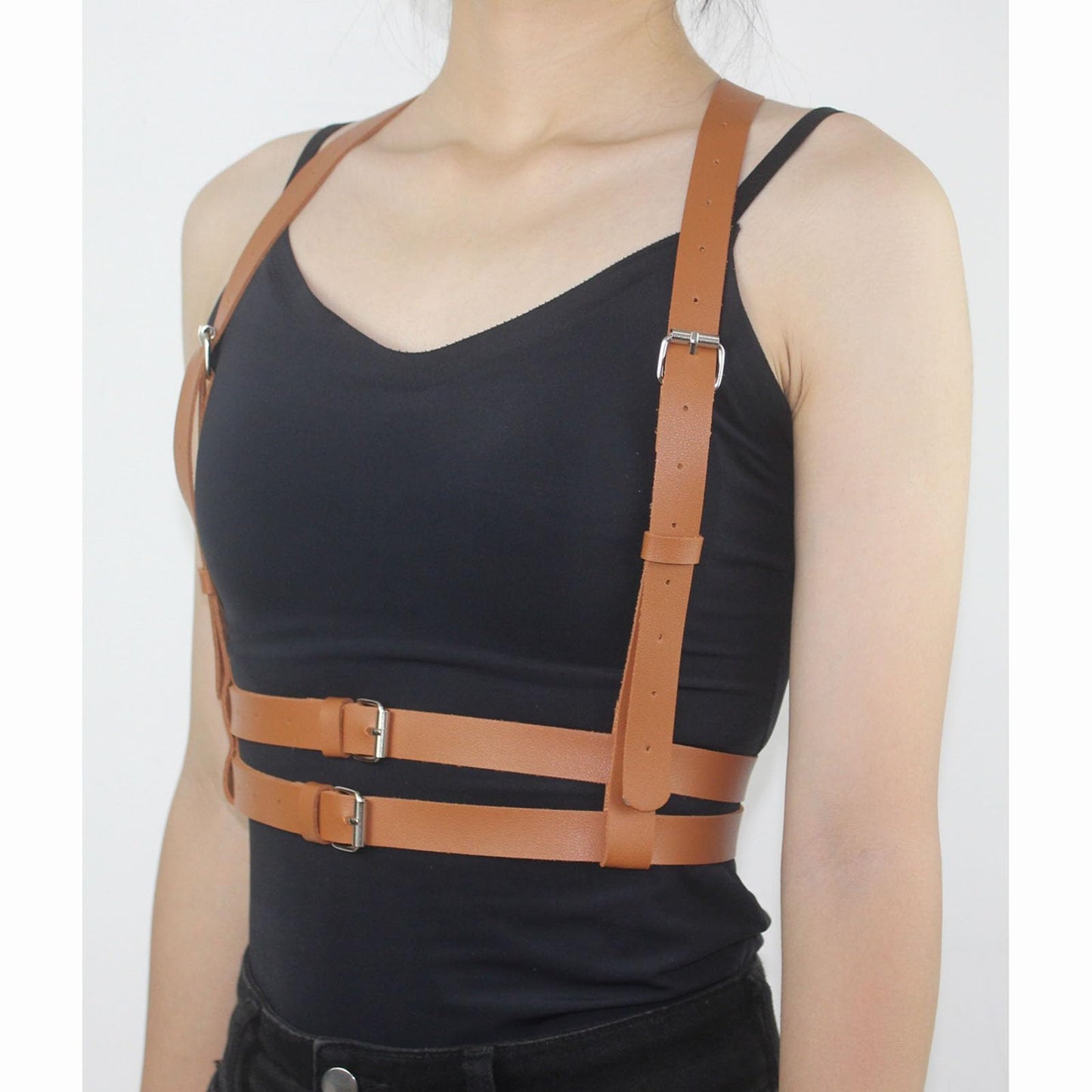 Kutocesy Gothic Chest Leather Harness for Women Punk Belt Black Harness Top Adjustable Chest Strap Carnival Party Accessories (Brown)