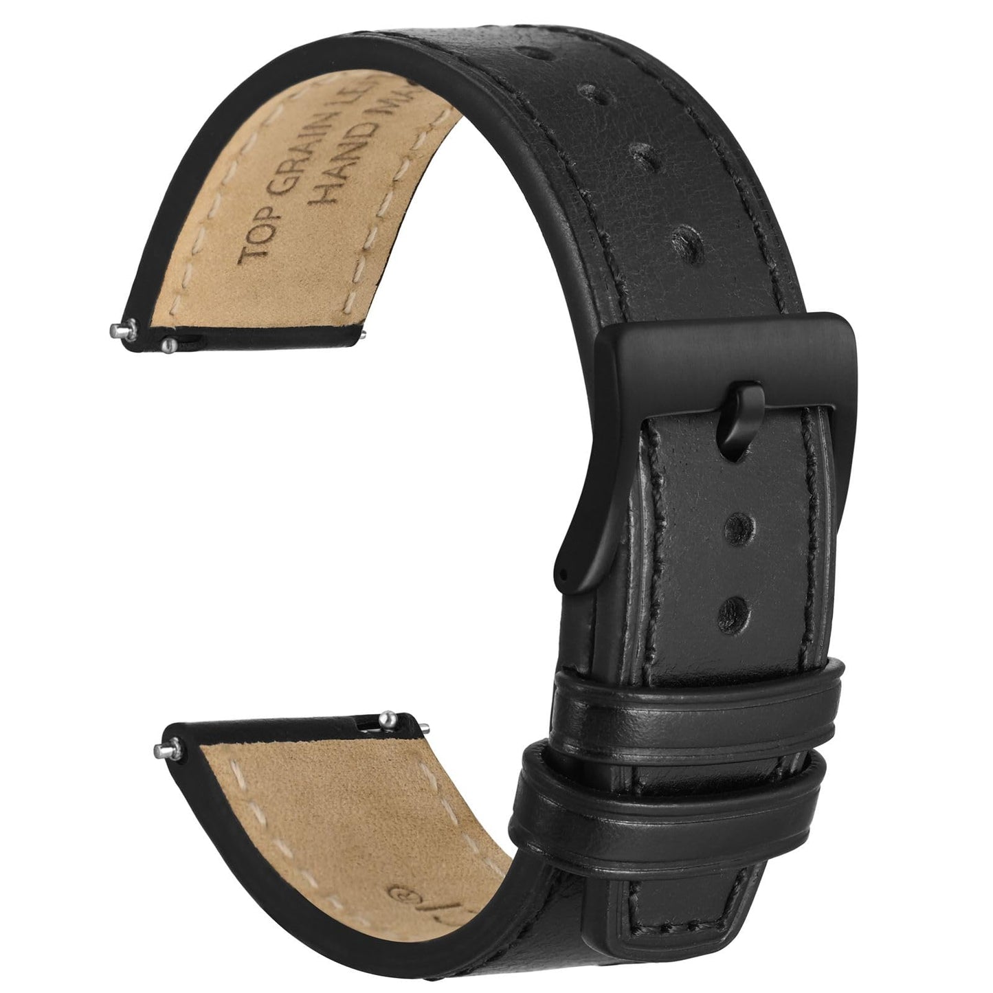 WOCCI 20mm Elite Watch Band, Top Grain Leather, Quick Release, Black Buckle (Black)