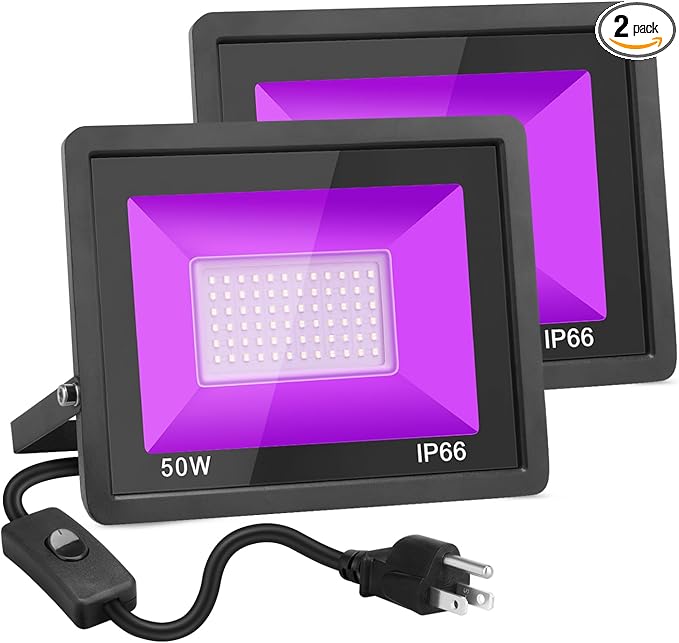 50W Black Light, 2Pack Indoor Outdoor Blacklight with Plug and Switch, Ip66 Waterproof, 365 NM UV Light for Glow Neon Party, Body Painting, Fluorescent Tapestry