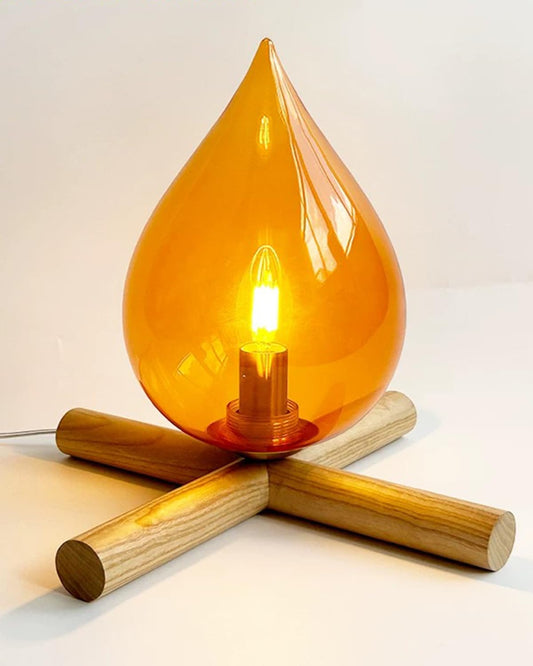 HEQET Campfire Table Lamp, Funky Lamps Cute Orange Glass Shade with Wooden Base, Unique Novelty Retro Cozy Night Light for Bedroom, Living Room, Or Cabin Decor – Warm Ambient Vintage Lighting