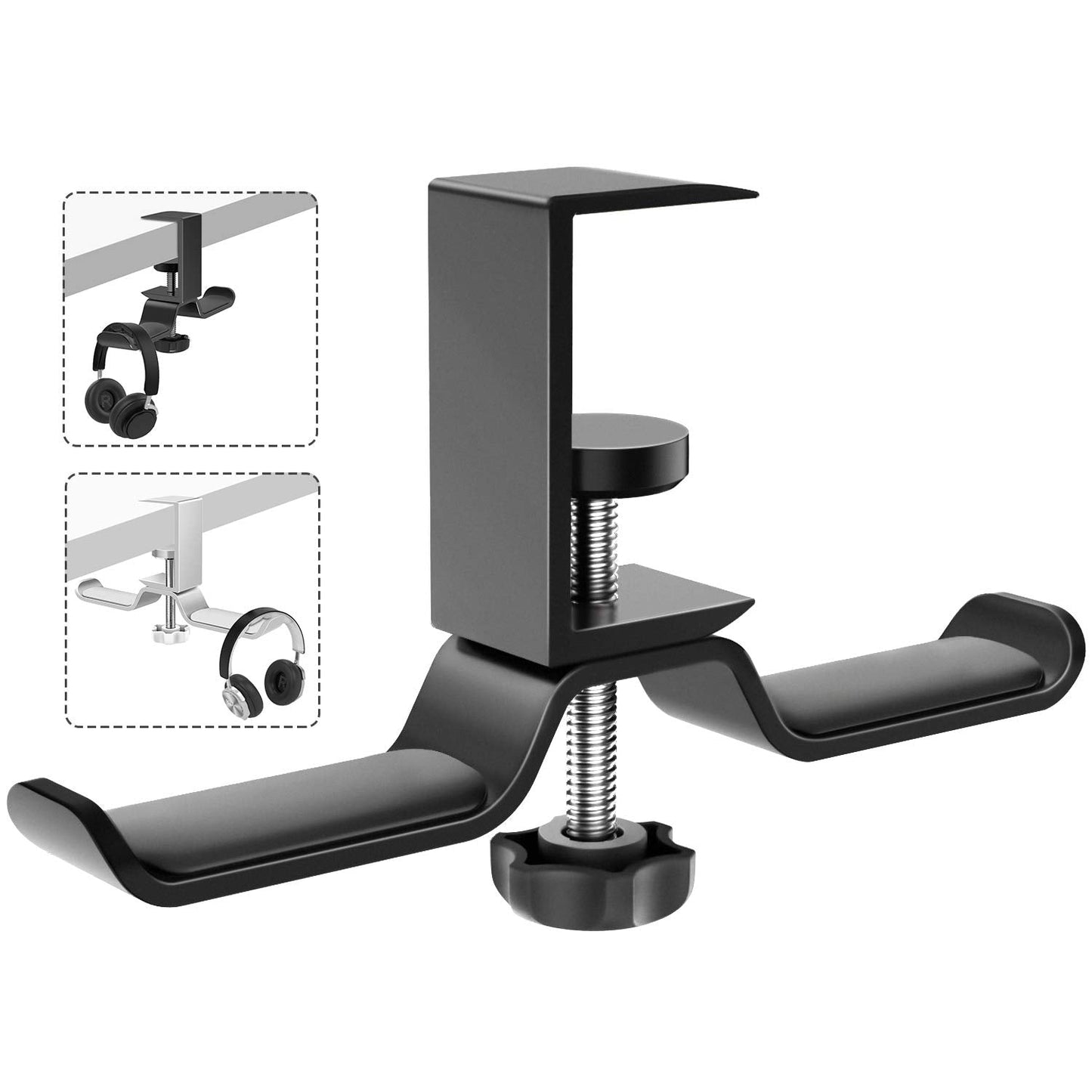 MoKo Headphone Hanger, Aluminum 360° Rotating Dual Headphone Stand Under Desk Headset Holder Earphone Mount with Adjustable Clamp for All Headphones,PC Gaming Headphone - Black