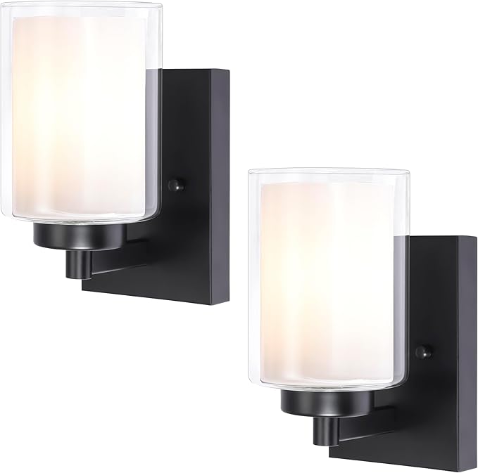 Pia Ricco Wall Sconces Set of Two, Hardwired Bathroom Wall Sconce with Double Glass Shade, Modern Bedside Wall Lamps, Farmhouse Vanity Light Black Wall Lights for Living Room, Bedroom, Hallway