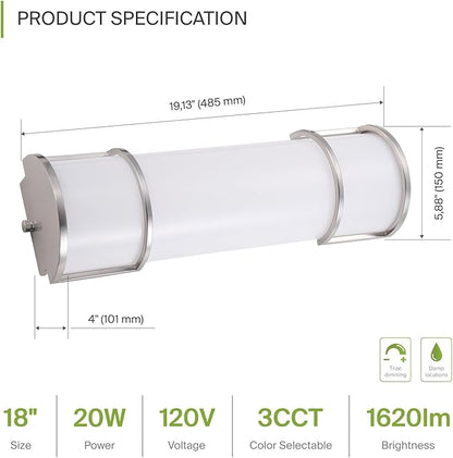 ASD LED 18" Vanity Flush Mount Light Fixture, Linear Bathroom Lighting Bar | 3CCT, Dimmable, Energy Star, ETL Listed | 20W 1650LM 3000-5000K 120V | Long Tube Bath Wall Sconce Over Mirror | Nickel