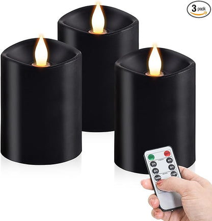 3x4 Flickering Flameless Candles Set of 3,Real Wax Pillar led Candles Flickering,with Timer,4 inch Flameless Candles with Remote,for Holiday Home Decor Party,Black