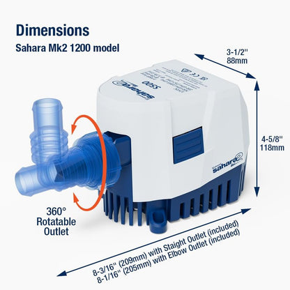 Attwood 5512-7 Sahara MK2 S1200 (12V), Automatic Bilge Pump, 1200 GPH, with Fittings (Elbow & Straight), Direct Replacement for Attwood 4511-7