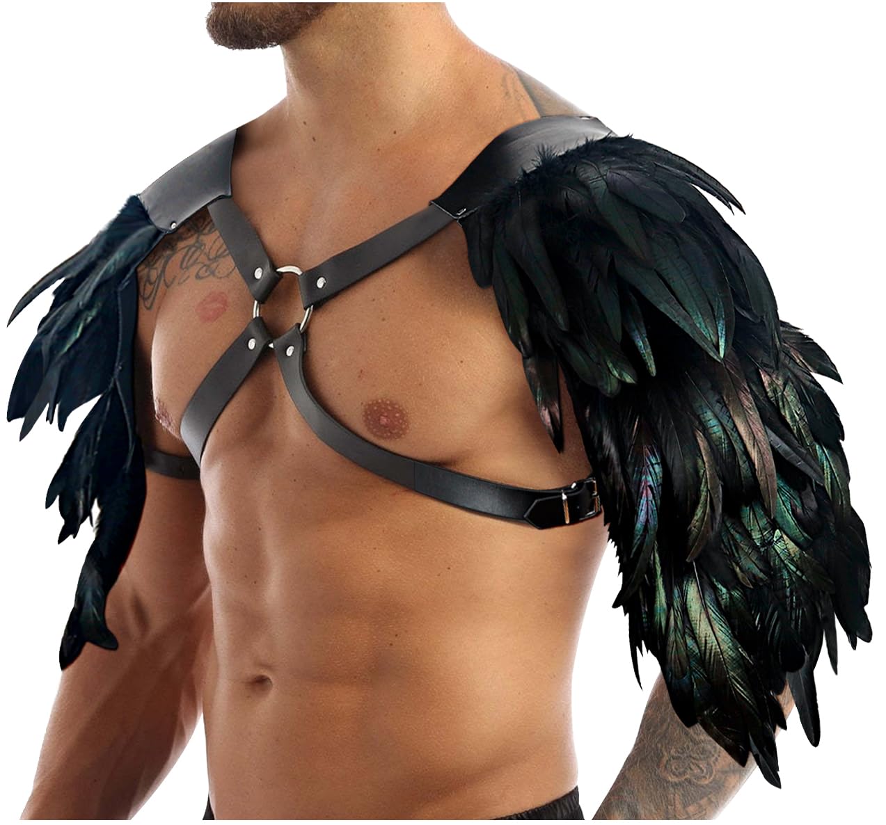L'VOW Men's Feather Shoulder Armor Medieval Leather Harness Shoulder Guards Halloween Demon Cosplay(Black-2)